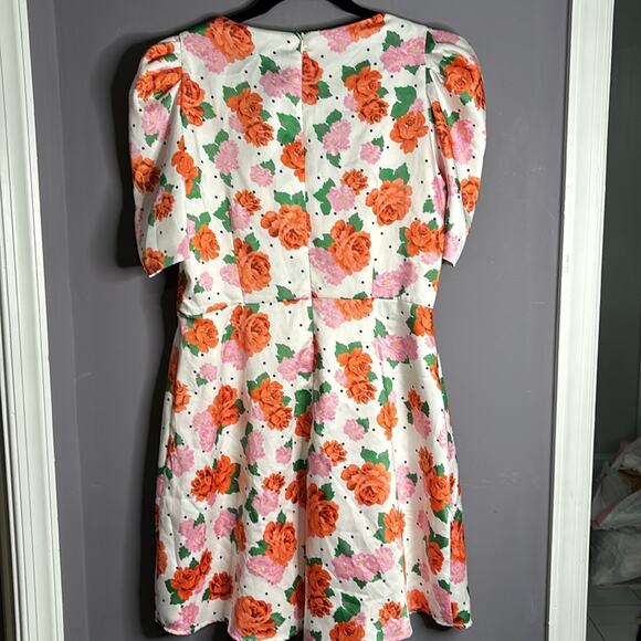Zara Pink and Orange Floral Puff Sleeve Dress Sweetheart Neckline Size Large - Picture 6 of 8